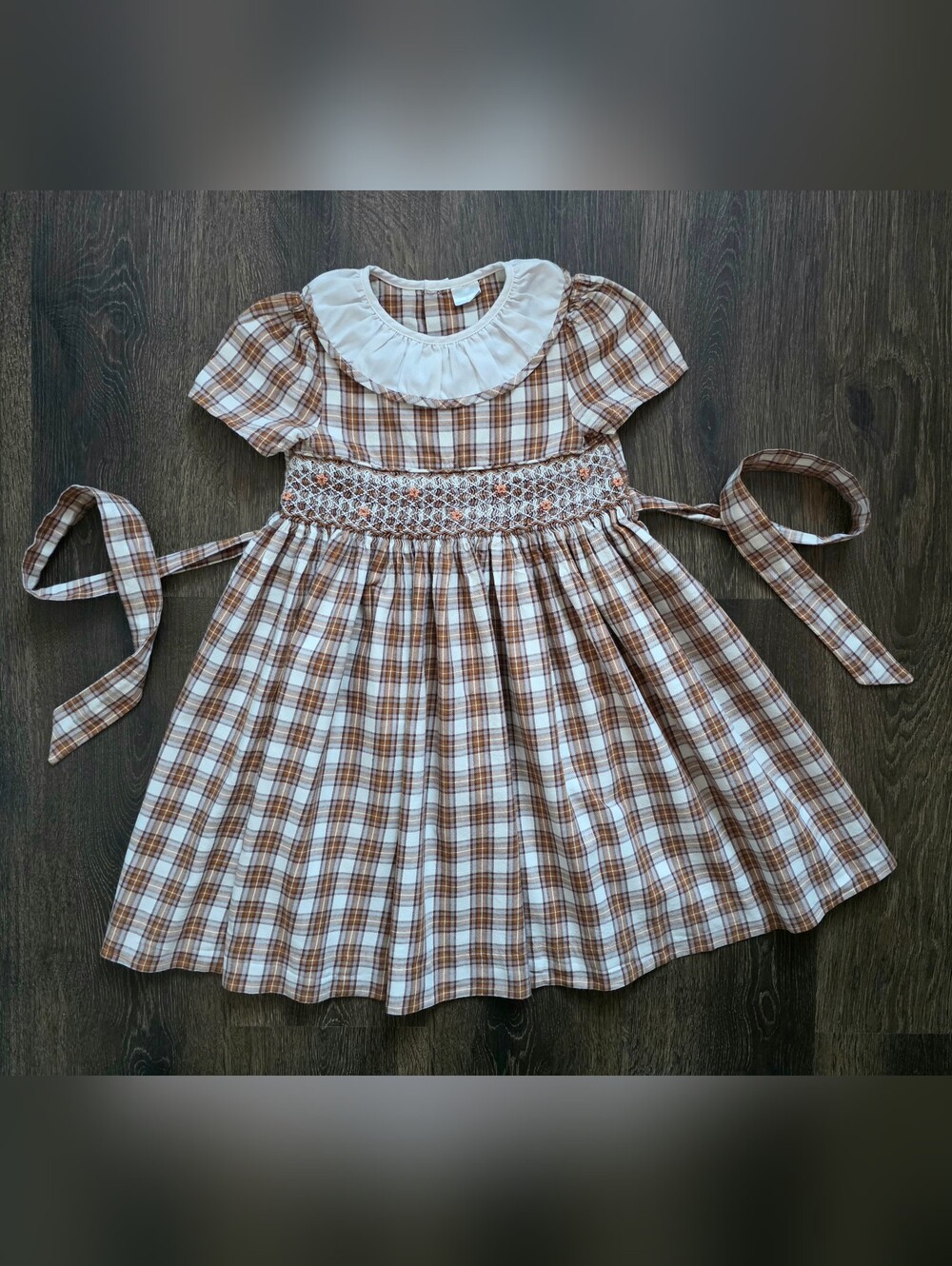 Edgehill Collection brown & cream plaid smocked Autumn dress